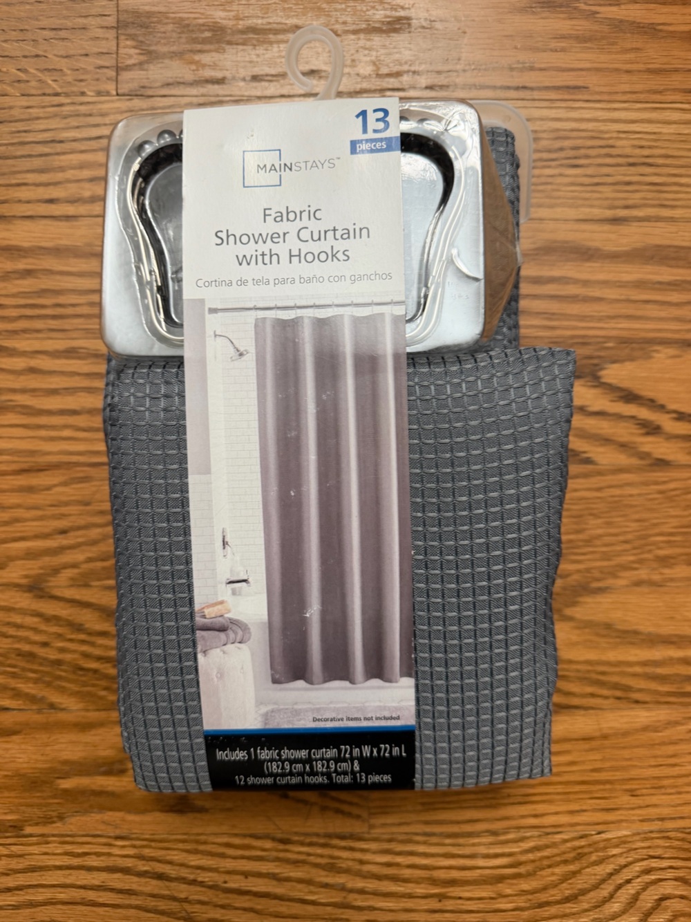 Mainstays Gray Fabric Shower Curtain with Hooks 72” x 72” – 13 Pieces